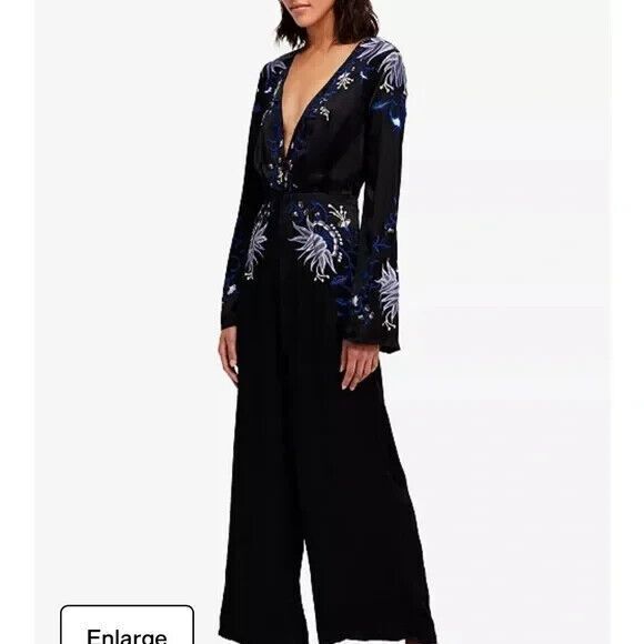 Free People Gypsy Rose Jumpsuit Floral Embroidered Black Size 4 Wide Leg… - Picture 6 of 16